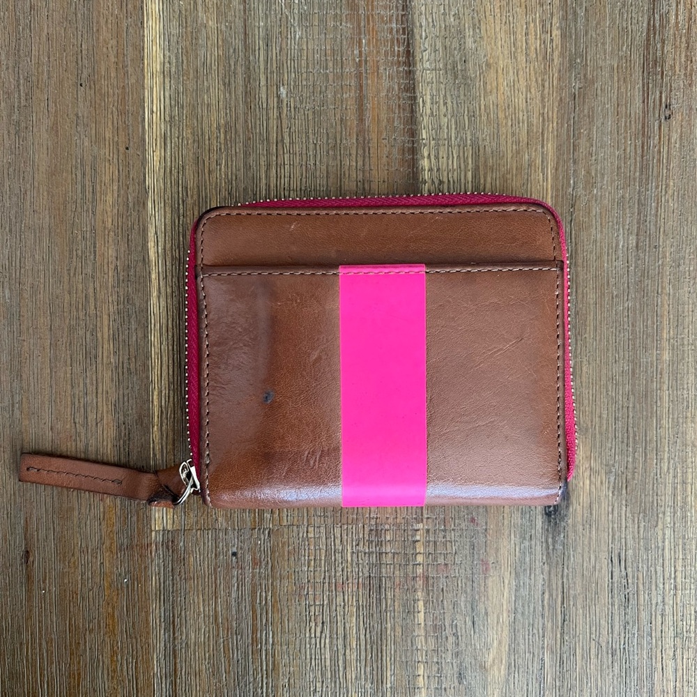 Clare V petit zip Cuoio wallet in neon pink/ brown